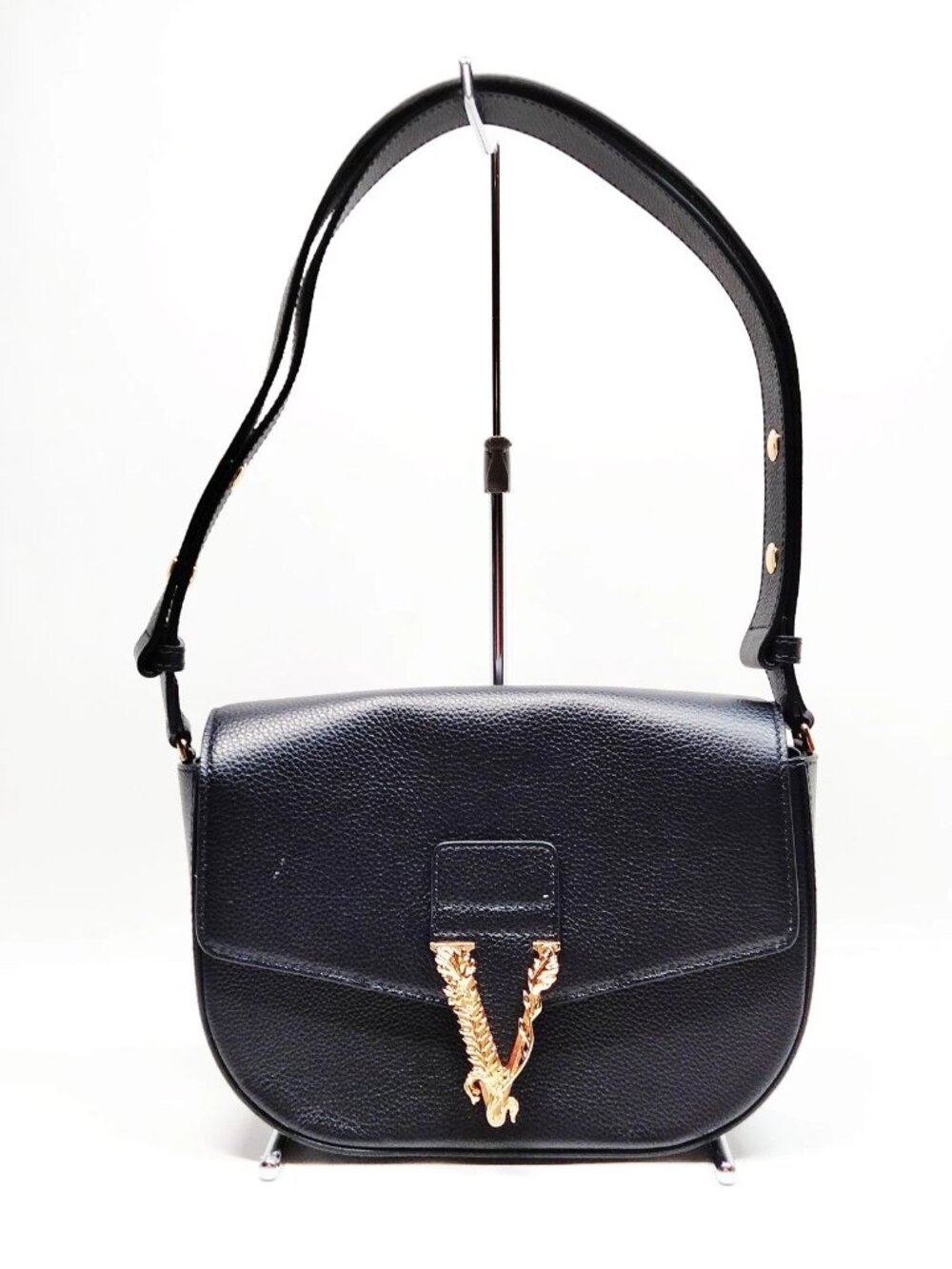 Authentic Versace Virtus Leather Shoulder Bag Black Gold V Logo Crossbody - Picture 2 of 16